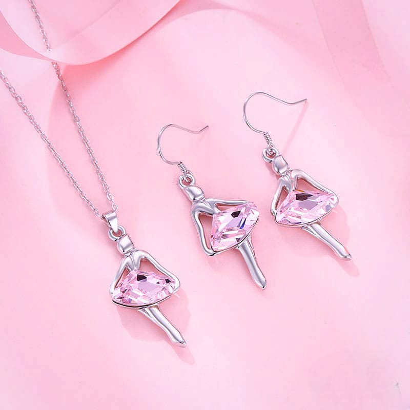 Dancing Barbie Girl Pendant Earring Set in Pink Swarovski Stones (STYLE1907)